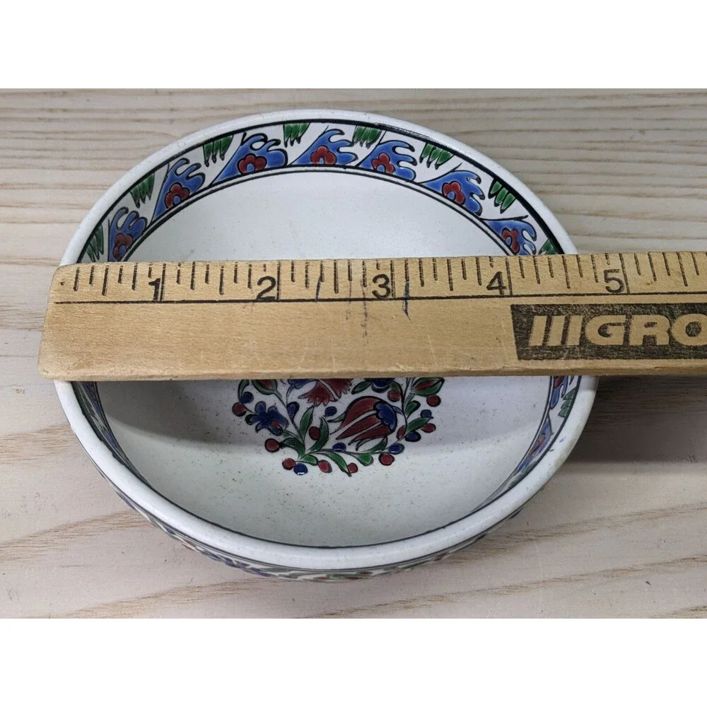 Hand painted Signed Small Turkish Bowl Red Green Floral Deer Trinkets Jewelry